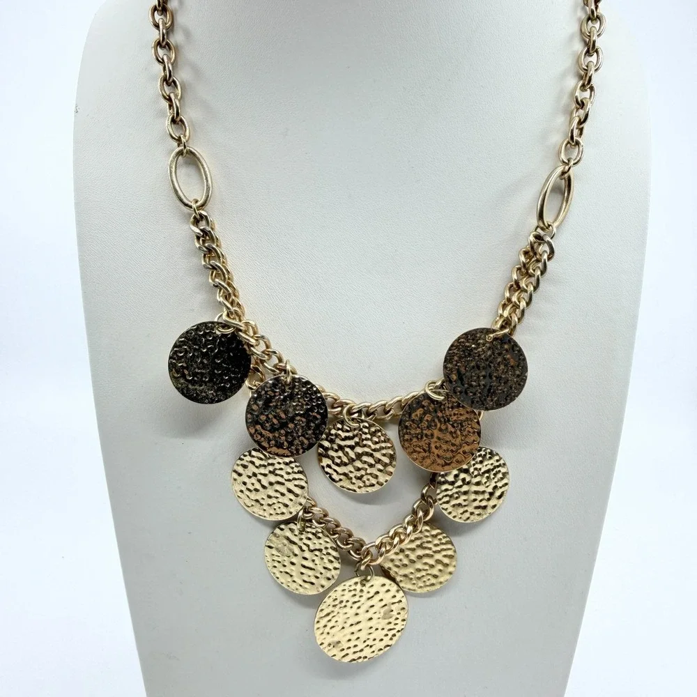 Vintage Boho Gold Tone Hammered Disc Bib Necklace Y2K Statement Chunky Chain